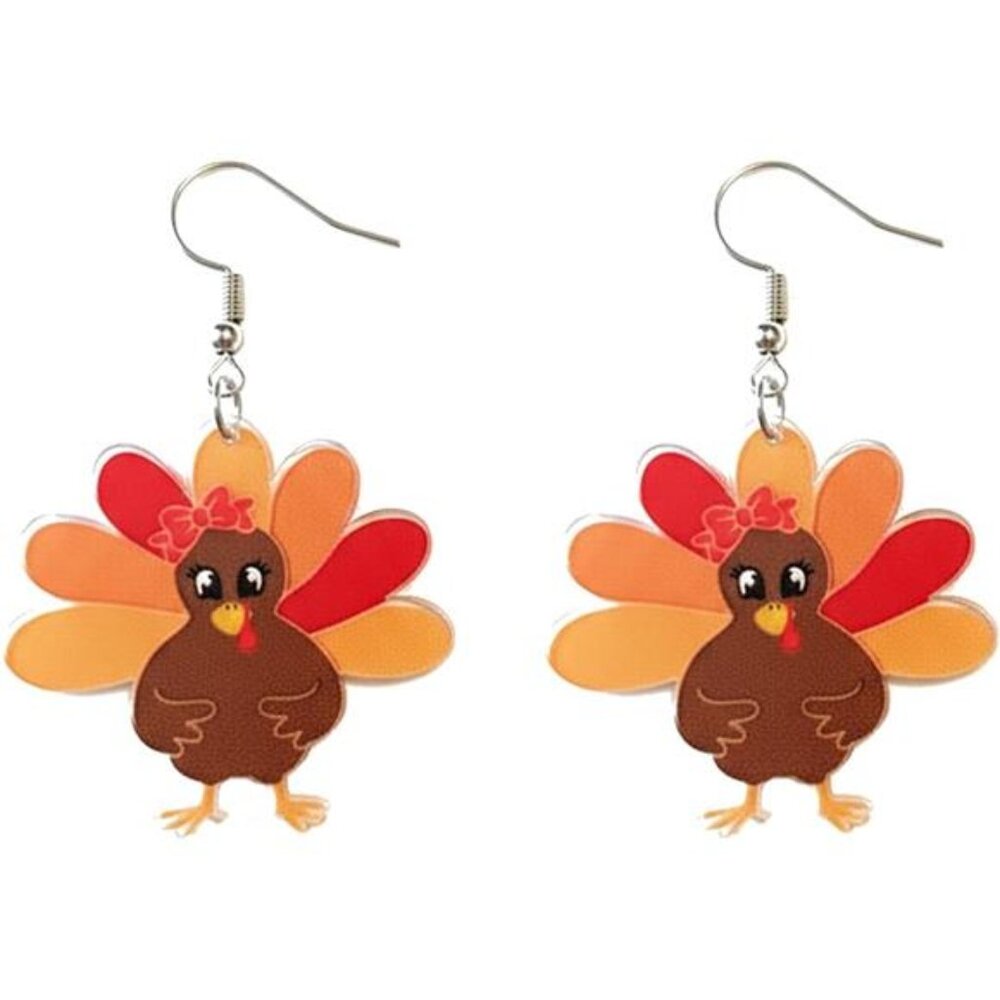 Cute Turkey Drop Earrings - Lightweight Acrylic Thanksgiving Dangle Earrings